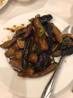 Eggplant with basil  at Happy Veggie Garden in Rowland Heights