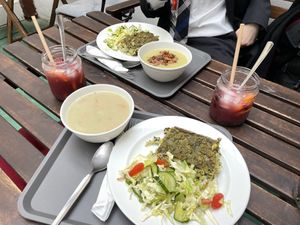 cauliflower soup, leek cream soup and spinach & "cheese" pasta  at Vital Cafe & Bistro  in Gyor