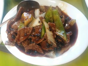 Green pepper and black bean beef at Lotus Vegan Cuisine in Glasgow