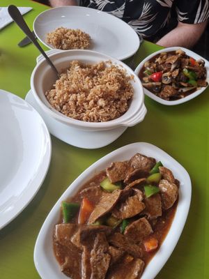 "Beef" satay, double fried rice portion and "beef"/mushroom in black bean sauce at Lotus Vegan Cuisine in Glasgow