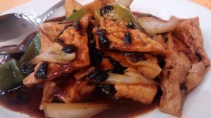 Tofu with green peppers in black bean sauce at Lotus Vegan Cuisine in Glasgow