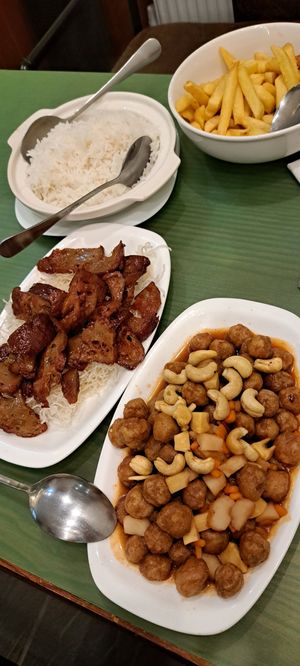 Bbq seitan, kung po soya balls, rice, chips at Lotus Vegan Cuisine in Glasgow