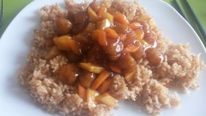 Vegan Kung Po chicken with fried rice at Lotus Vegan Cuisine in Glasgow