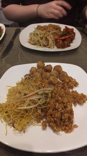 Shredded pork chow mein, fried rice, satay chicken/salt and chilli chicken at Lotus Vegan Cuisine in Glasgow