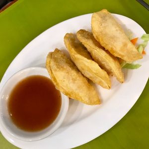 Vegetable dumplings with sweet and sour sauce at Lotus Vegan Cuisine in Glasgow