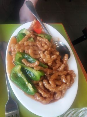 Sweet and spicy shredded chicken at Lotus Vegan Cuisine in Glasgow