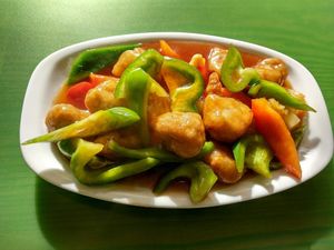 Delicious, but where's the pineapple in this sweet and sour? at Lotus Vegan Cuisine in Glasgow