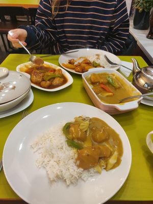 Chinese curry and satay chicken, with boiled rice 😍 at Lotus Vegan Cuisine in Glasgow