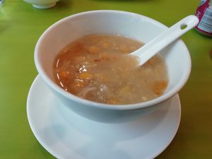 Vegan chicken sweetcorn soup at Lotus Vegan Cuisine in Glasgow