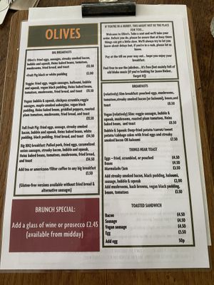 Menu at Olive's in Norwich