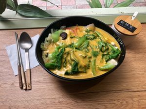 My veg noodles with curry sauce - and Sichuan chili paste to add some heat.  at Vegluu in Taipei