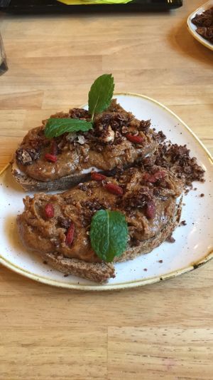 Breakfast: hazelnut spread on 'zuurdesembrood' at Madam Bakster in Ghent