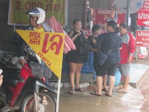 sign indicating vegan foodoutside khouadin/Kuadin restaurant at Khouadin Vegetarian in Vientiane