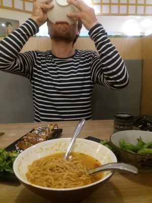Sam loves his fried udon noodles! at SUPE Vegan - Gurney Plaza in Penang