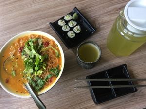 Sweet potato noodle soup and cucumber maki  at SUPE Vegan - Gurney Plaza in Penang