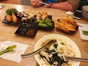 Assorted sushi platter, fried inoki mushrooms, udon noodles (Dec 2019) at SUPE Vegan - Gurney Plaza in Penang