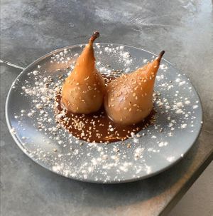 poire pochée au chocolat at Le Myrha in Paris