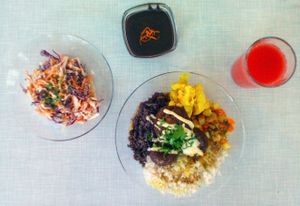 Plat du jour, coleslaw, chocolate dessert and beetroot orangeade - everything homemade at Le Myrha in Paris