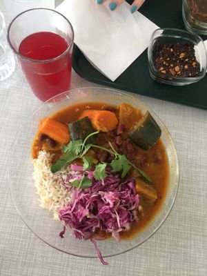 Rice with curry, carrots, aubergines and beans. Brownie on the side:) at Le Myrha in Paris
