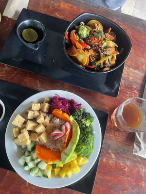 Poke bowl and veggie wok  at Lazy Cat in Minca