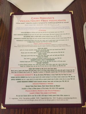  Vegan Menu at Casa Romana Italian Restaurant in Carlisle