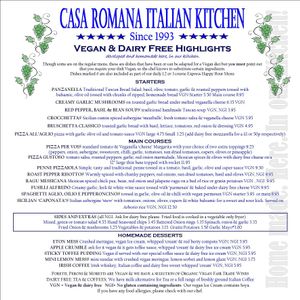 Our current Vegan/Dairy Free menu at Casa Romana Italian Restaurant in Carlisle