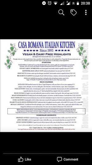 Casa Romana Italian Kitchen recently upload this menu on to their Facebook page (August 2018). I have yet to try Casa Romana since turning vegan, but ate here as a child and remember how friendly, and welcoming they were.  at Casa a Roma in Whitehaven