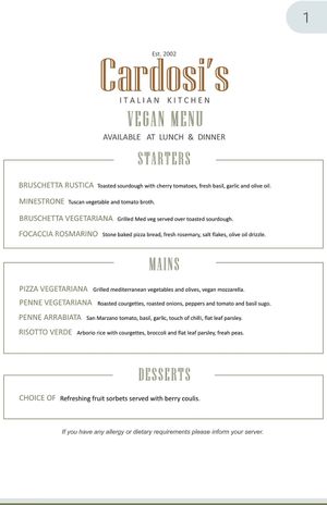 Vegan menu at Cardosi's in Paisley
