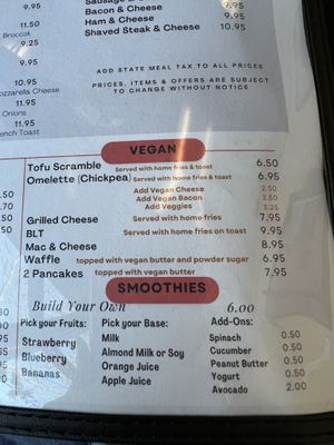 Vegan menu section  at My Diner in Melrose