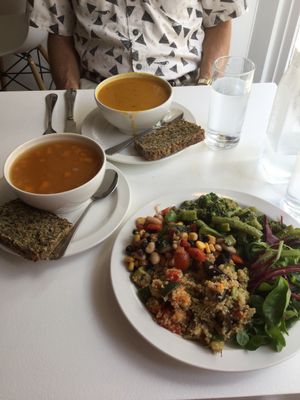 two soups and large salad plate shared. lovely! at Ribizli in Wallingford