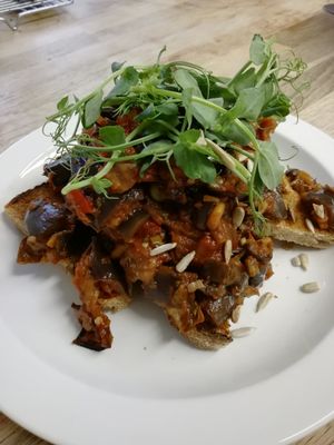Sicilian Aubergine Caponata on Sourdough toast at Ribizli in Wallingford