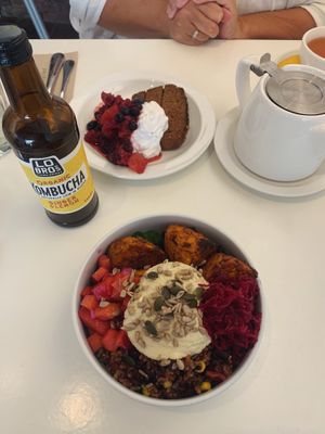 Salad bowl and banana bread with coconut yoghurt and berry compote! at Ribizli in Wallingford