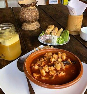 Pozole Rojo de Setas con su Clasica Guarnicion at Taqueria Entre Zankas in Zihuatanejo