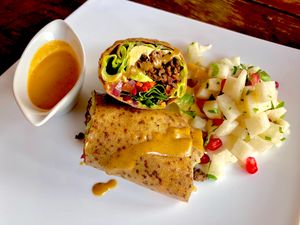 Burrito Especial with a banana tortilla and carnitas   at Taqueria Entre Zankas in Zihuatanejo