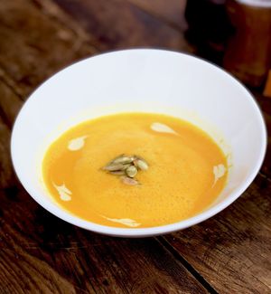 Crema de zanahoria, Carrot soup with toasted pepitas  at Taqueria Entre Zankas in Zihuatanejo