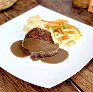 Daily Special: Savory medallion with mashed potatoes, gravy and julienned vegetables :) at Taqueria Entre Zankas in Zihuatanejo