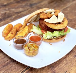 Burger and fries from the menu... delicious! at Taqueria Entre Zankas in Zihuatanejo