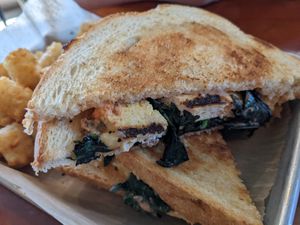 Vegan grilled cheese with added grilled tofu at Taproot Cider House in Traverse City