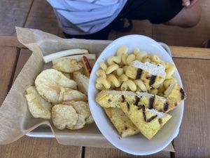 Kids menu “buttered noodles” with addition of grilled tofu. Waitress said they use vegan butter.  at Taproot Cider House in Traverse City