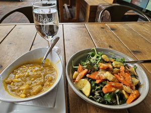Vegan soup of the day (corn and potato chowder) and taproot salad (no cheese) at Taproot Cider House in Traverse City