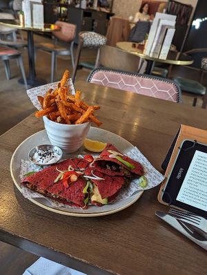 Oumph quesadillia (chargrilled beetroot chai tortilla with oumph pieces, violife cheese, avocado, pea chutney and creamy coconut dressing with sweet potato fries) at All Bar One in Sheffield