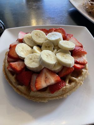 Vegan waffle with strawberries and bananas  at Black Coffee and Waffle Bar in Minneapolis