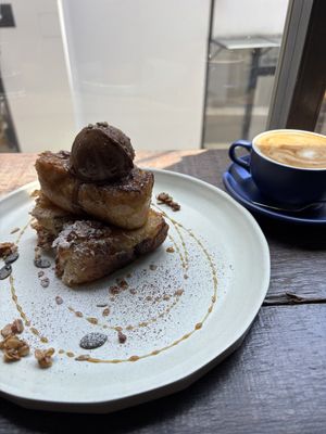 French toast and ice cream with oat latte  at Yidaki Cafe in Kobe