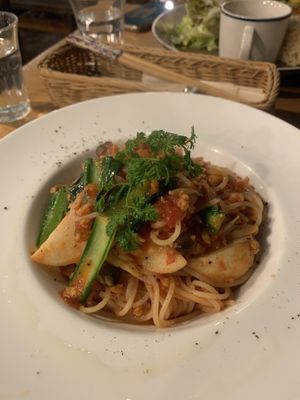 Vegan pasta dinner at Yidaki Cafe in Kobe