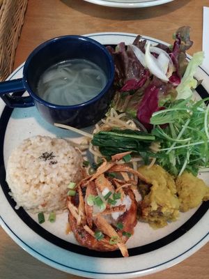 Onion soup and Tofu with reddish topping at Yidaki Cafe in Kobe