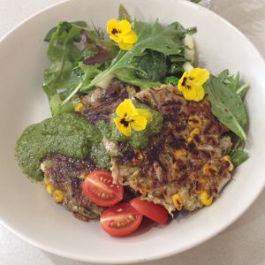 fritters with pesto, fresh salad all vegan at Samadhi Whole Foods in Camden
