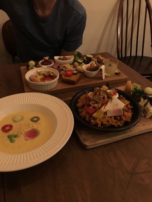 Corn soup and vegetable paella at Plus Veganique in Tokyo