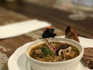 Delicious soup at Plus Veganique in Tokyo