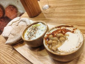 Custom order of two pitas, hummus and babaganoush at Pita Bakery in Central Singapore