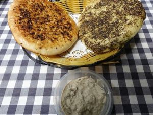 Spicy New Orleans pita, Zaatar Herb pita and Baba Ganush at Pita Bakery in Central Singapore